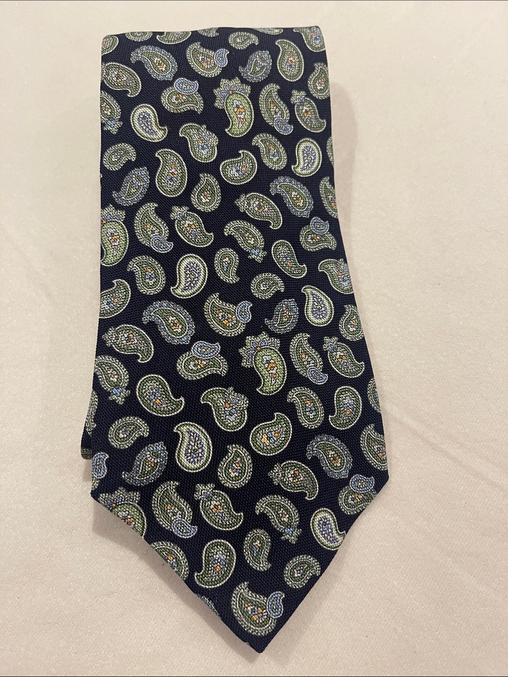 Brooks Brothers navy Tie with Green and Light blue Paisley